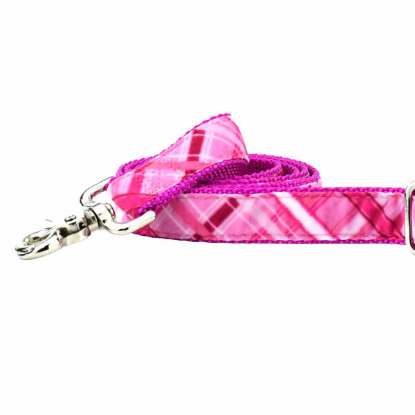 Close-up of pink plaid velvet dog leash with silver hardware by 2 Hounds Design