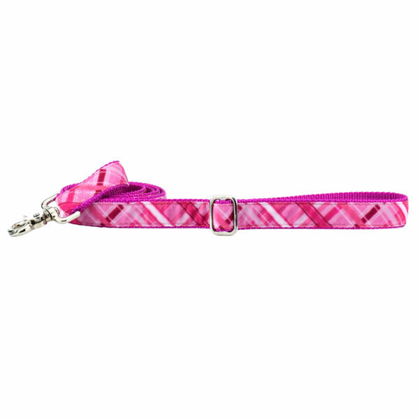 Very pink plaid velvet dog leash with silver hardware and adjustable buckle by 2 Hounds Design