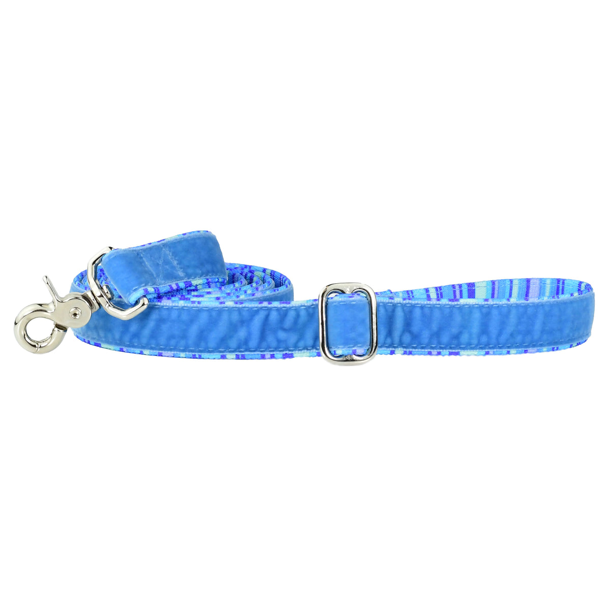 Durable full-length blue striped swiss velvet dog leash and premium metal clasp