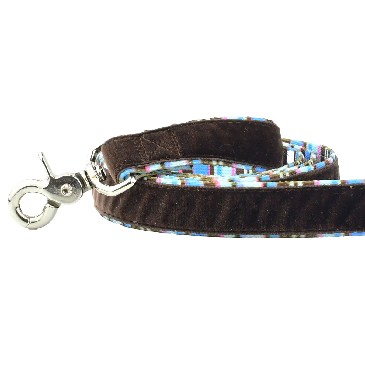 Close-up of brown striped swiss velvet dog leash with durable silver clasp