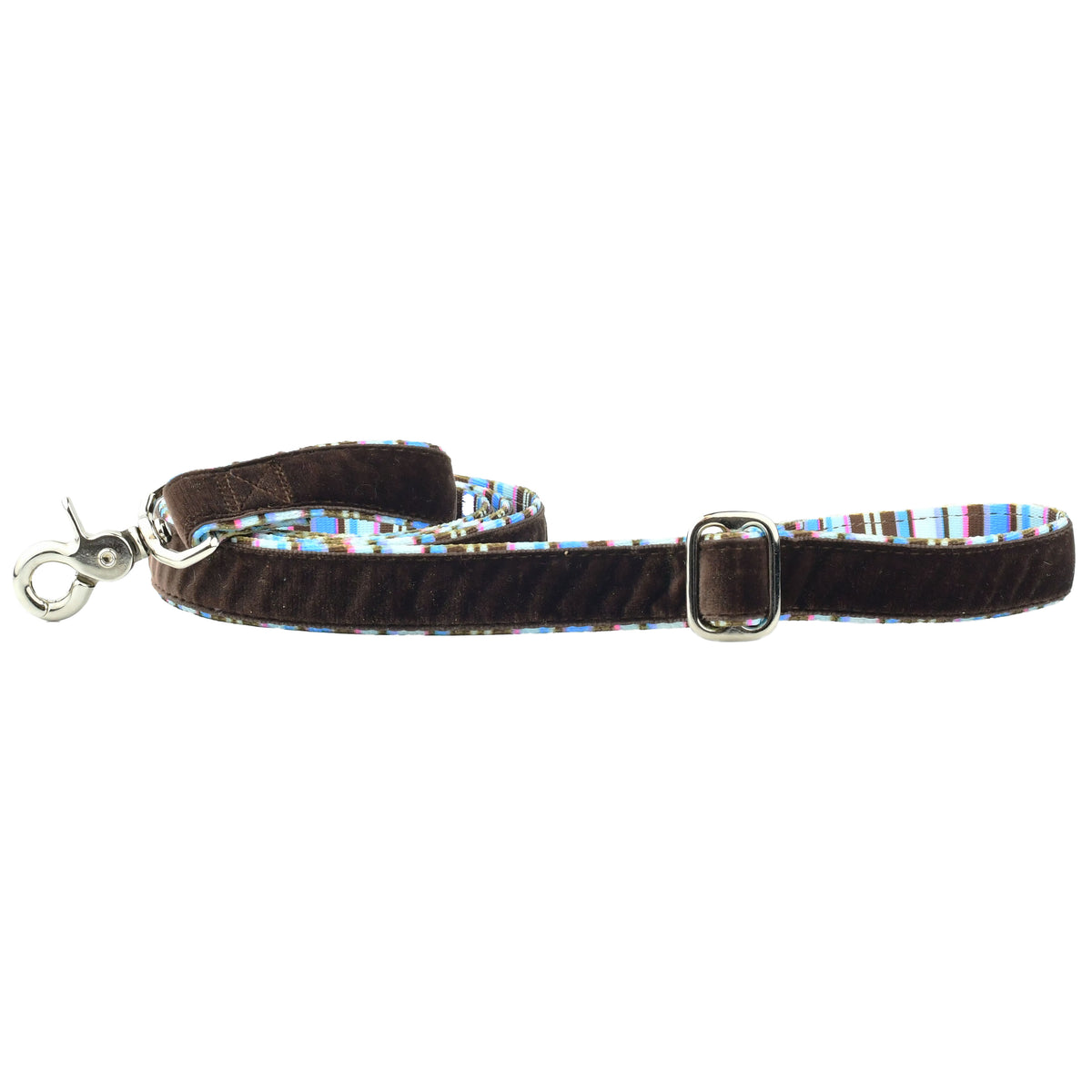 Durable full-length brown striped swiss velvet dog leash and premium metal clasp
