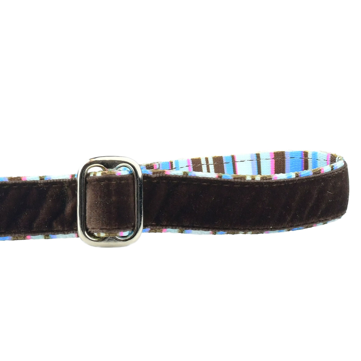 Close-up of the brown striped swiss velvet dog leash with adjustable handle