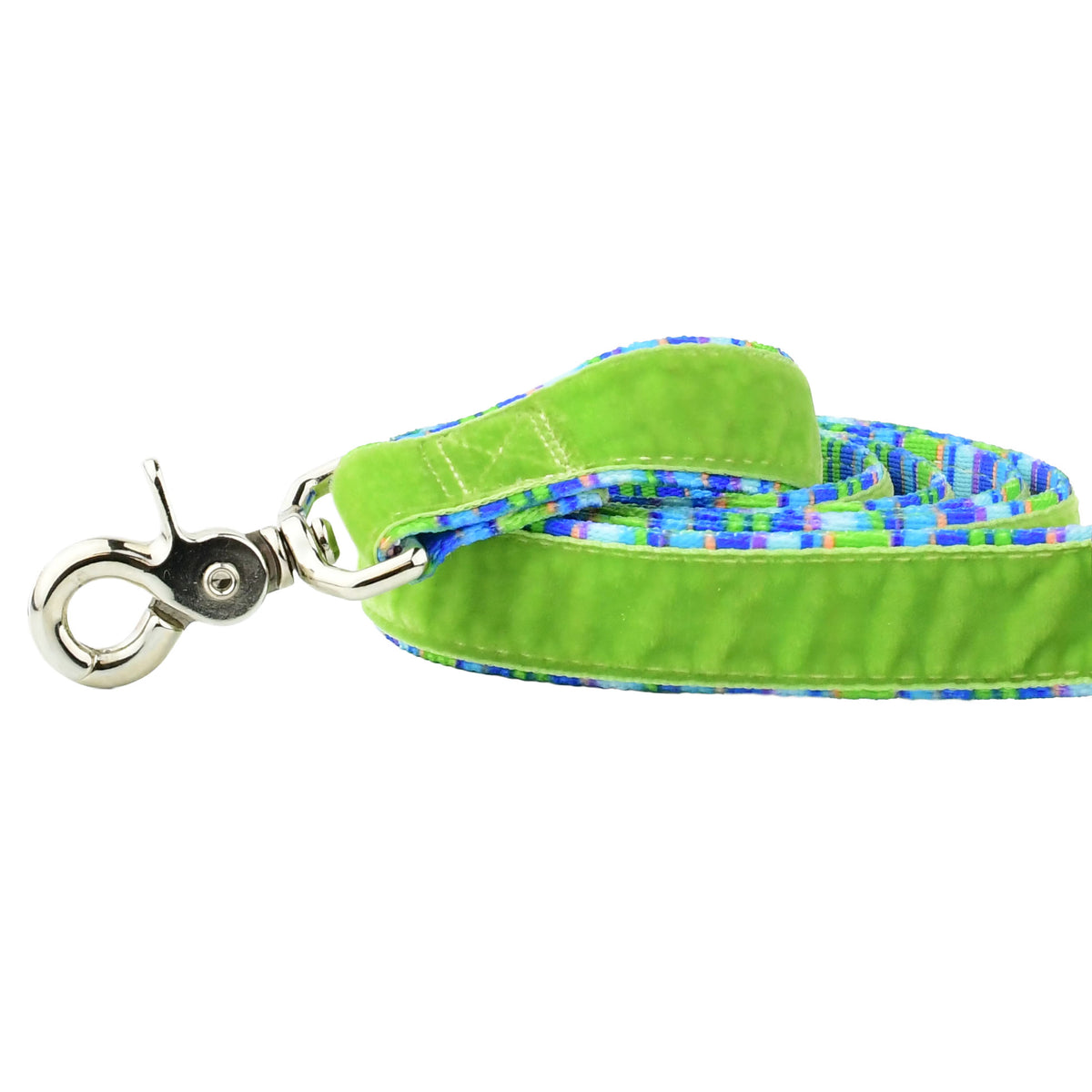 Close-up of green striped swiss velvet dog leash with durable silver clasp