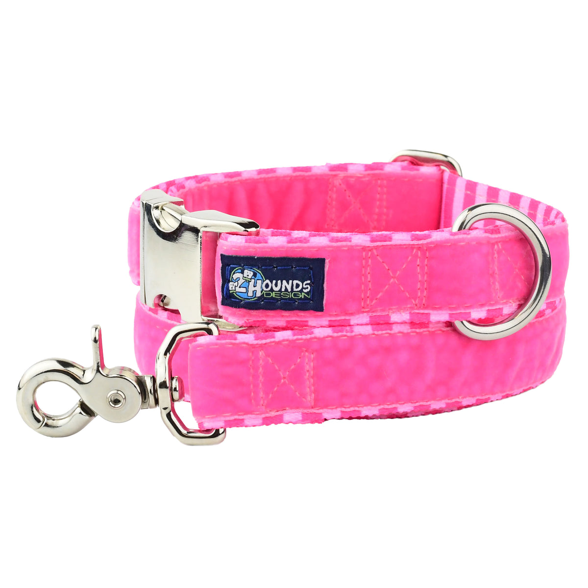 Hot Pink Dog Collar with stripes shown with matching leash