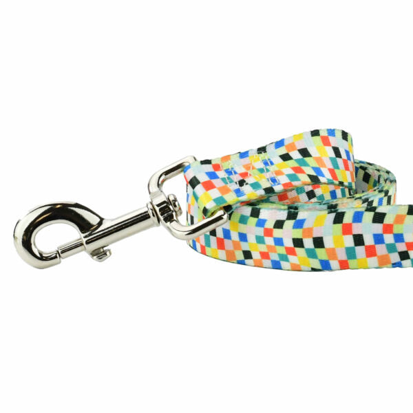 Close-up of colorful mosaic pattern dog leash by 2 Hounds Design with sturdy metal hardware. - Earthstyle