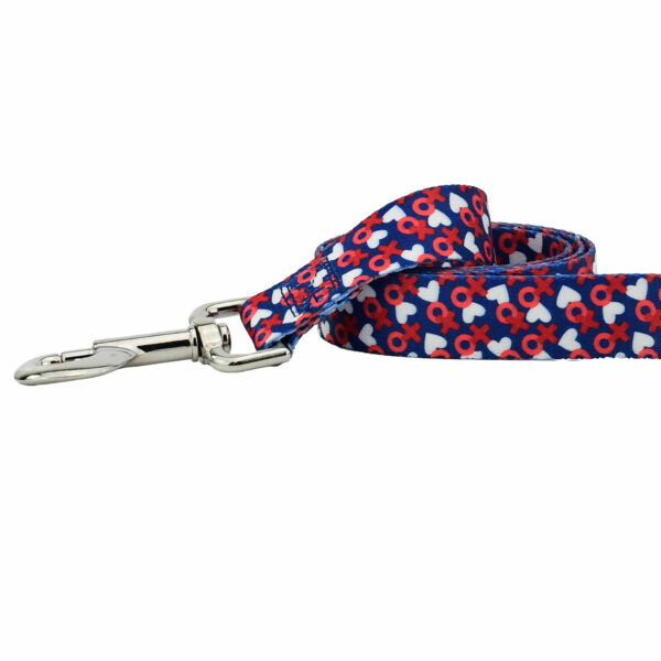 Close-up of dog leash with silver hardware featuring playful red and white hugs and kisses (XOXO) print on blue by 2 Hounds Design - Earthstyle
