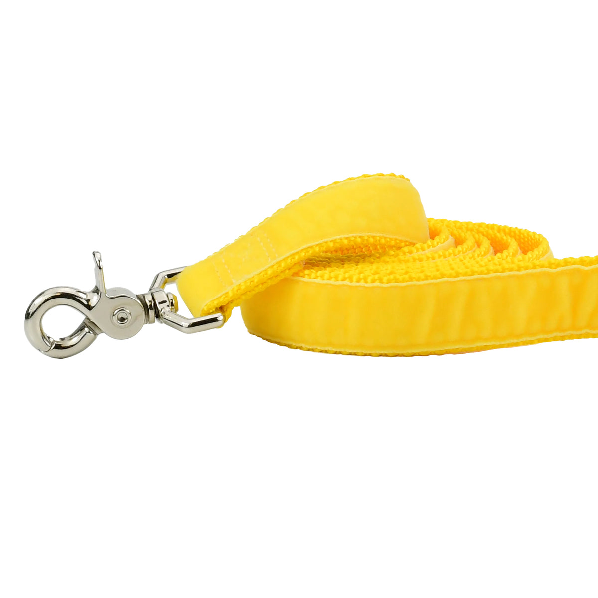 Close-up of yellow swiss velvet dog leash with durable silver clasp