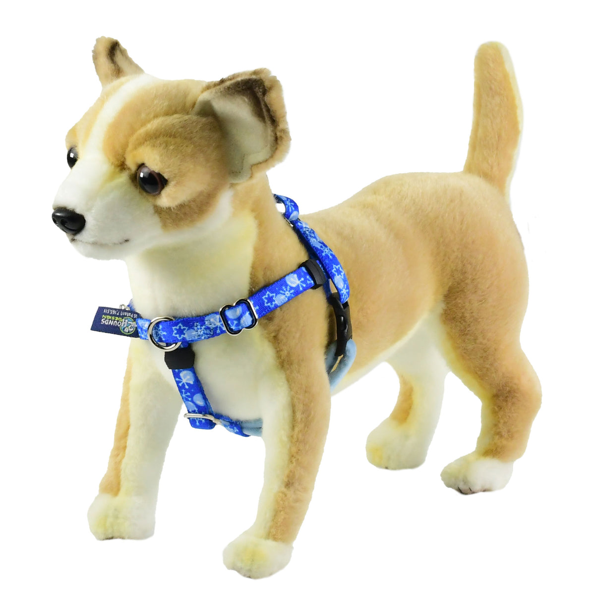 XXSmall snowflakes on blue background freedom no-pull dog harness on plush dog mannequin