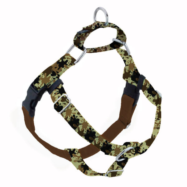 Green camo no-pull freedom dog harness with double leash attachment points by 2 Hounds Design
