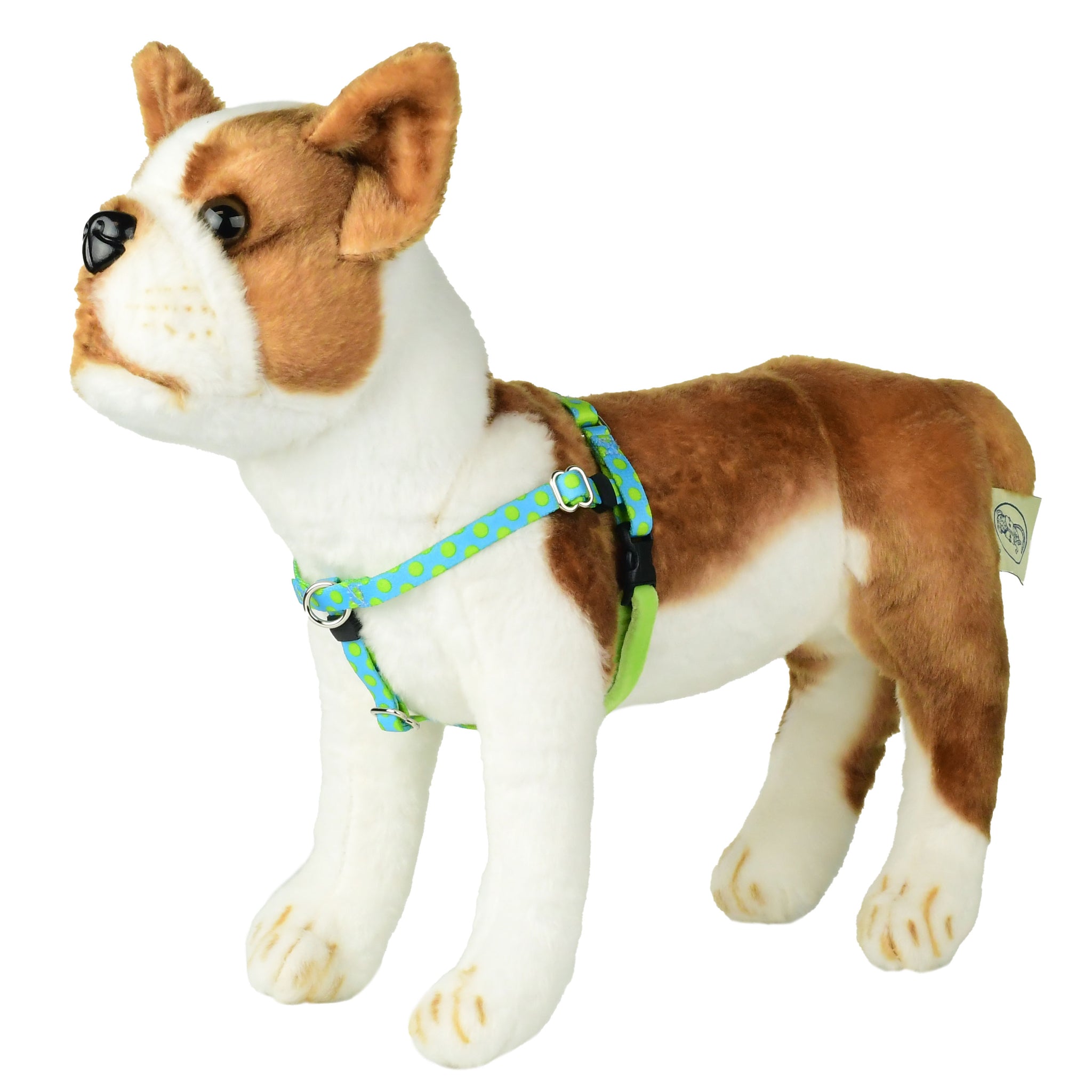 XXSmall blue and green polka freedom no-pull dog harness on plush dog mannequin