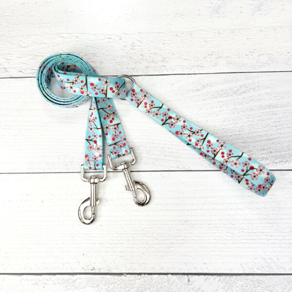 Double connection leash with cherry blossom print on light blue background by 2 Hounds Design - Earthstyle - Earthstyle