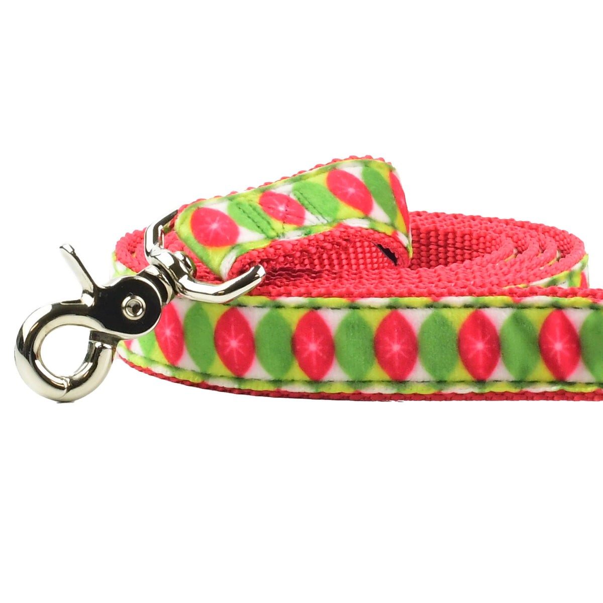 Close-up of Christmas Cheer dog leash with red, green, and white festive pattern and silver clasp