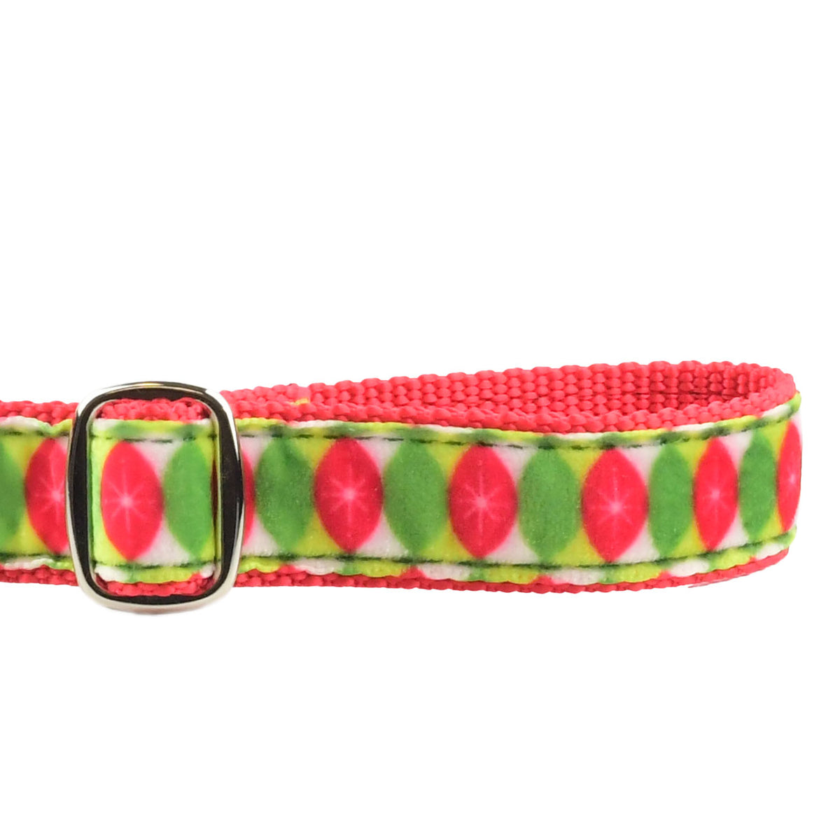 Close-up of Christmas Cheer dog leash with red, green, and white festive pattern and adjustable handle