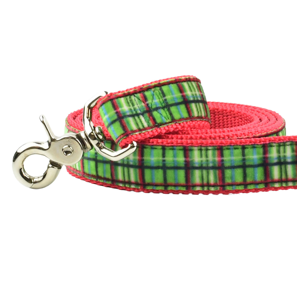 Close-up of Christmas Tartan Plaid dog leash with red and green holiday velvet fabric and silver clasp