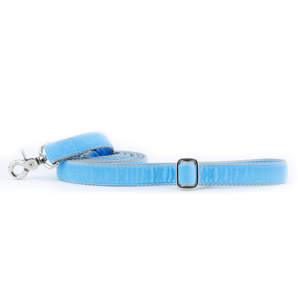 Light blue velvet dog leash with silver hardware and adjustable buckle by 2 Hounds Design