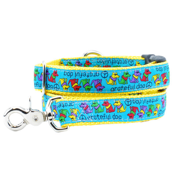Matching colorful dog leash and collar with dancing cartoon dogs and peace signs – bright yellow and blue leash by 2 Hounds Design