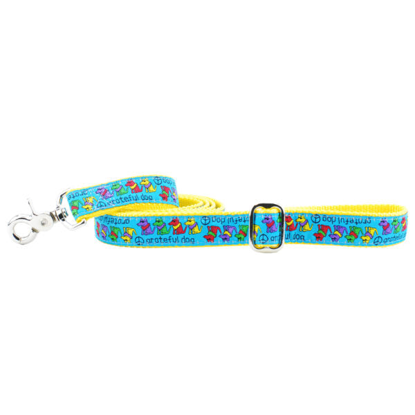 Colorful dog leash with dancing cartoon dogs and peace signs – bright yellow and blue leash by 2 Hounds Design