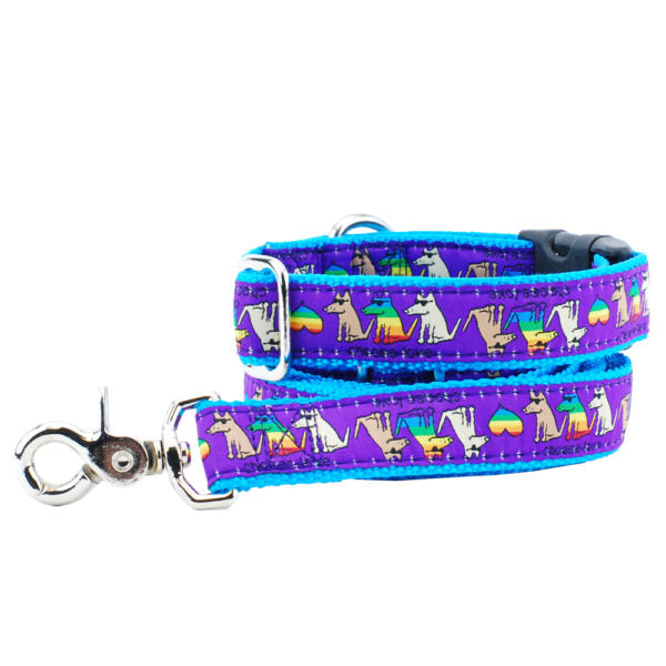 Matching bright dog leash and collar with rainbow-colored dancing dogs on purple ribbon and blue webbing by 2 Hounds Design
