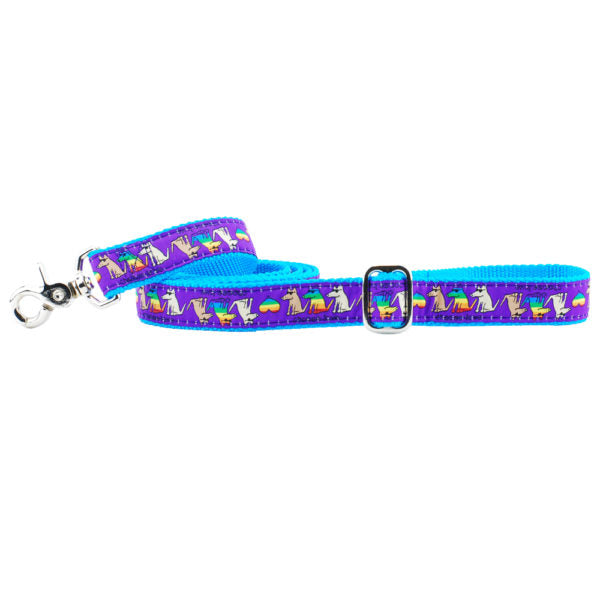 Bright dog leash with rainbow-colored dancing dogs on purple ribbon and blue webbing – fun leash by 2 Hounds Design