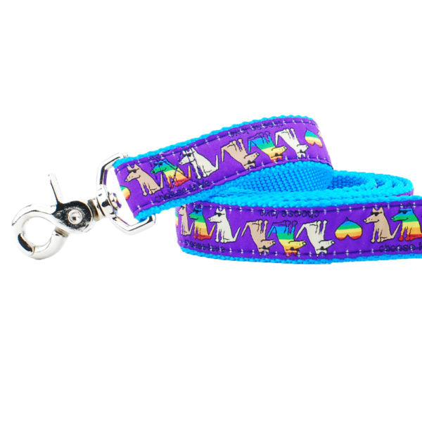 Close-up of bright dog leash with rainbow-colored dancing dogs on purple ribbon and blue webbing – fun leash by 2 Hounds Design