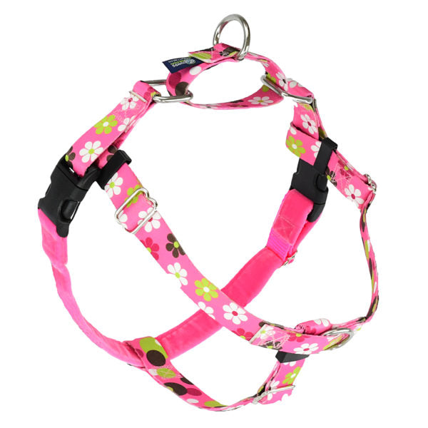 Floral dog leash with white flowers, geometric patterns on pink no-pull freedom dog harness with double leash attachment points by 2 Hounds Design