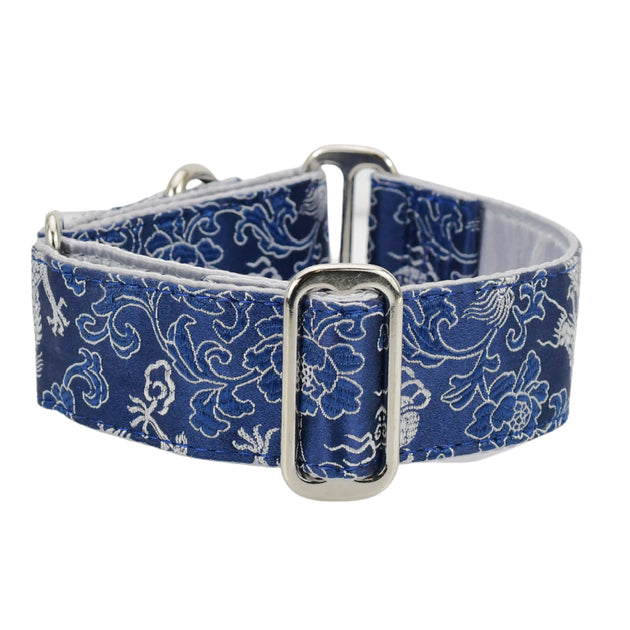 Dragon Navy Silk Brocade Martingale Dog Collar 2 Hounds Design