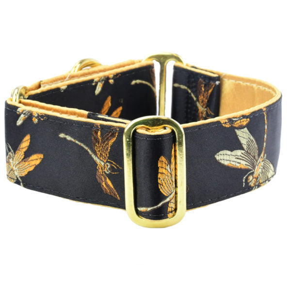 Dragonflies Black – Silk Brocade Buckle Martingale Dog Collar