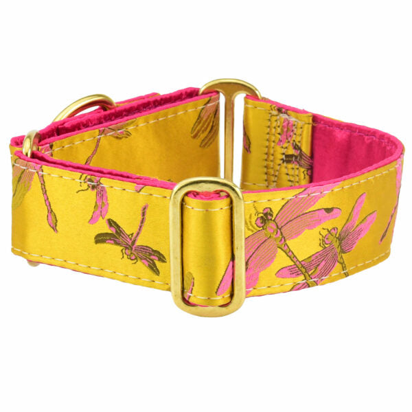Dragonflies Gold – Silk Brocade Buckle Martingale Dog Collar