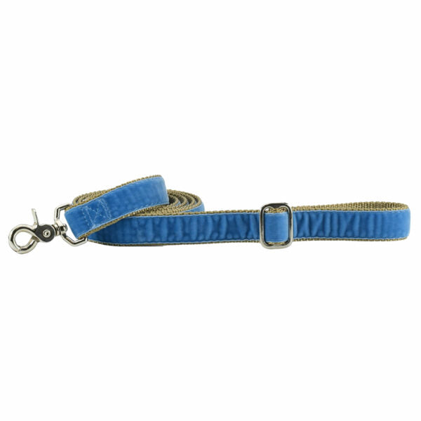 Dusty blue velvet dog leash with silver hardware and adjustable buckle by 2 Hounds Design