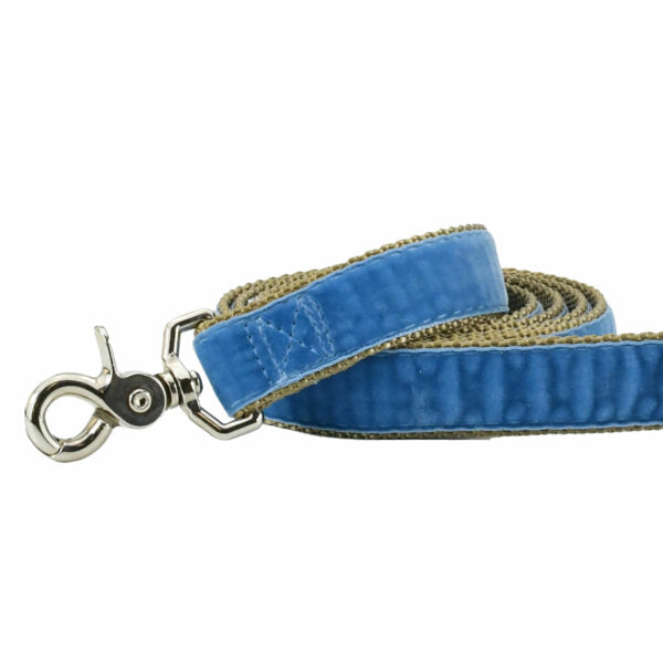 Close-up of dusty blue velvet dog leash with silver hardware by 2 Hounds Design