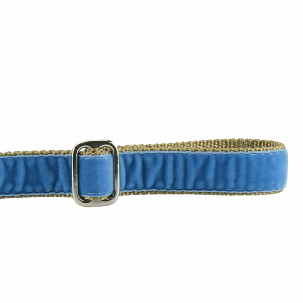 Close-up of dusty blue velvet dog leash handle with adjustable feature by 2 Hounds Design