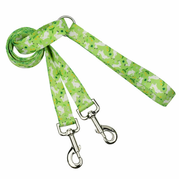 Double connection dog leash with green clover and white bunny pattern by 2 Hounds Design - Earthstyle