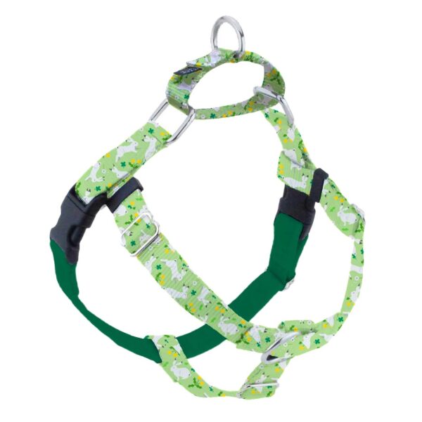 Green clover and white bunny pattern no-pull freedom dog harness with double leash attachment points by 2 Hounds Design