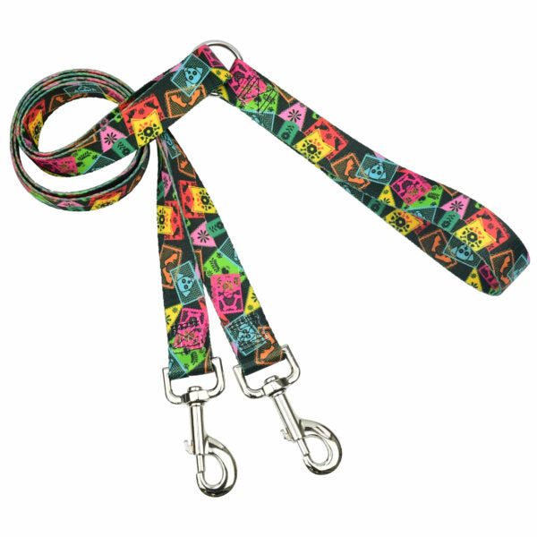 Close-up of dog leash with silver hardware featuring multicolor geometric pattern by 2 Hounds Design - Earthstyle
