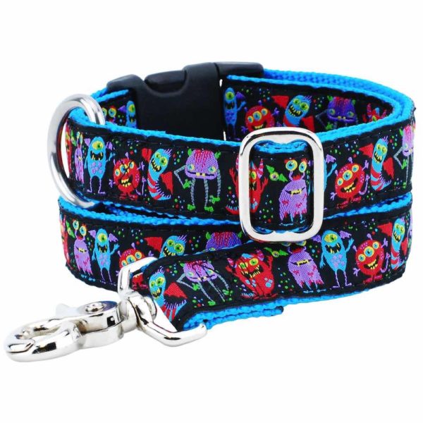 Matching colorful monster-themed dog leash and collar by 2 Hounds Design – playful and durable pet accessory for fun-loving dogs