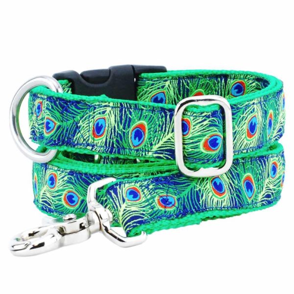 Matching green dog leash and collar with vibrant navy blue peacock feather design by 2 Hounds Design – stylish and durable