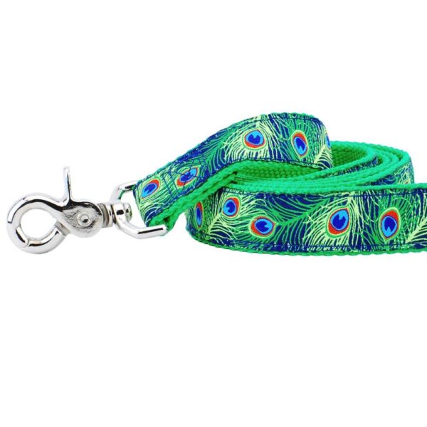Close-up of green dog leash with vibrant navy blue peacock feather design by 2 Hounds Design – stylish and durable