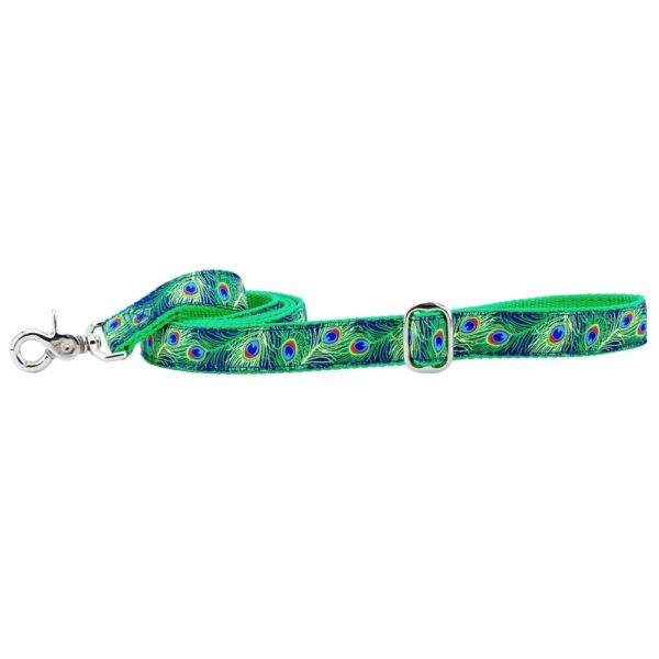 Green dog leash with vibrant navy blue peacock feather design by 2 Hounds Design – stylish and durable