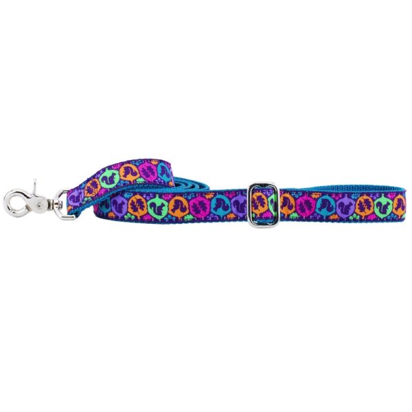 Bright multicolor dog leash with squirrel silhouette design by 2 Hounds Design – fun and durable