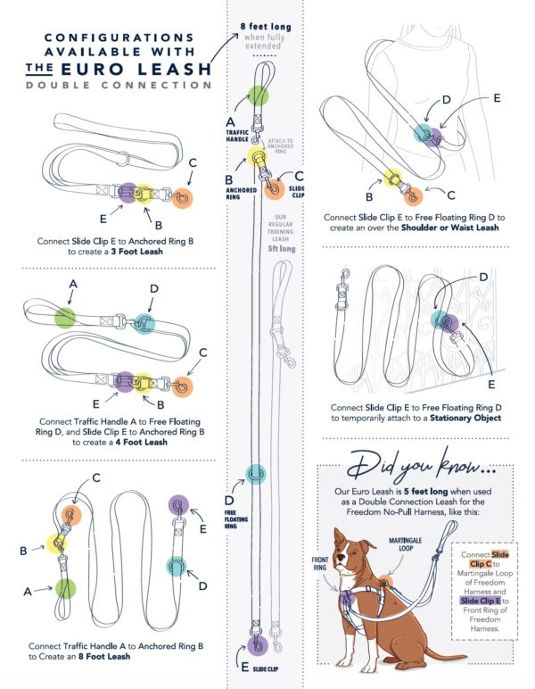 Visual guide showing 7 ways to use a Euro-style multifunctional dog leash by 2 Hounds Design