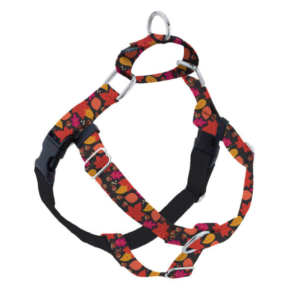 fall leaf pattern in red, orange, and yellow no-pull freedom dog harness with double leash attachment points by 2 Hounds Design