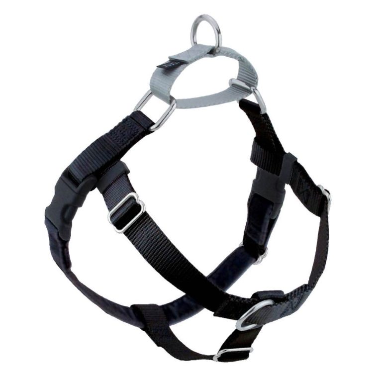 Black no-pull freedom dog harness with double leash attachment points by 2 Hounds Design