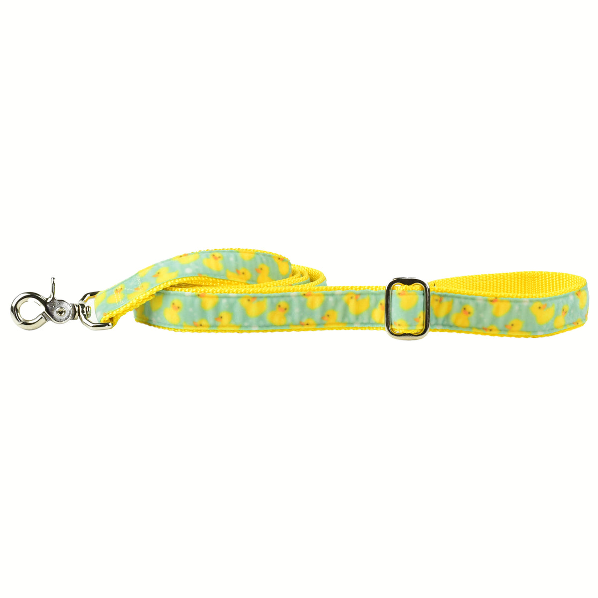 2 Hounds Design dog leash with yellow rubber duck pattern on aqua background