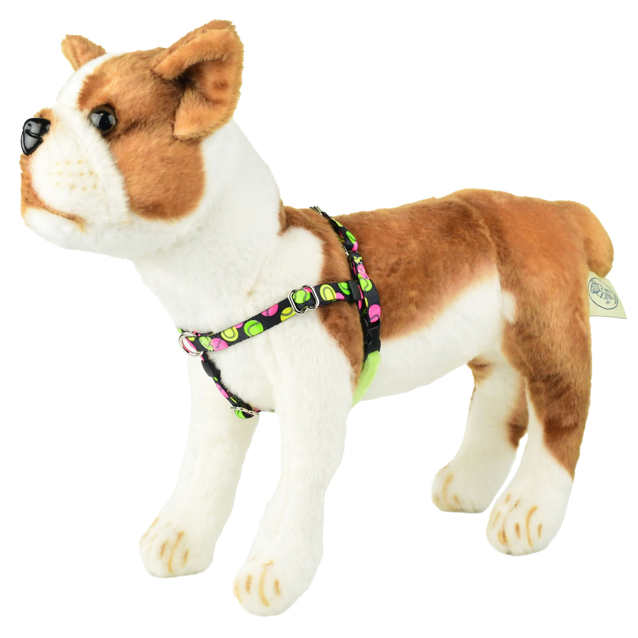 XXSmall bold colored baseball pattern freedom no-pull dog harness on plush dog mannequin