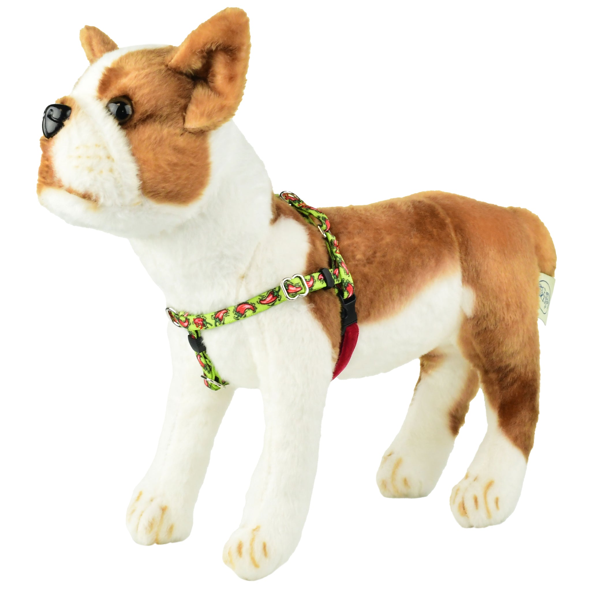 XXSmall hot chili peppers pattern freedom no-pull dog harness on plush dog mannequin