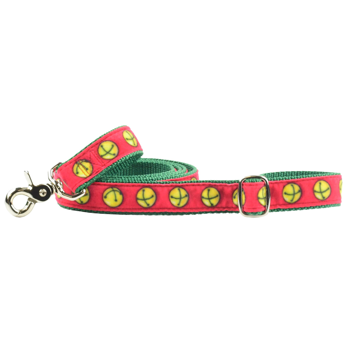Full-length Jingle Bells dog leash with red and green Christmas pattern, silver clasp, and adjustable handle