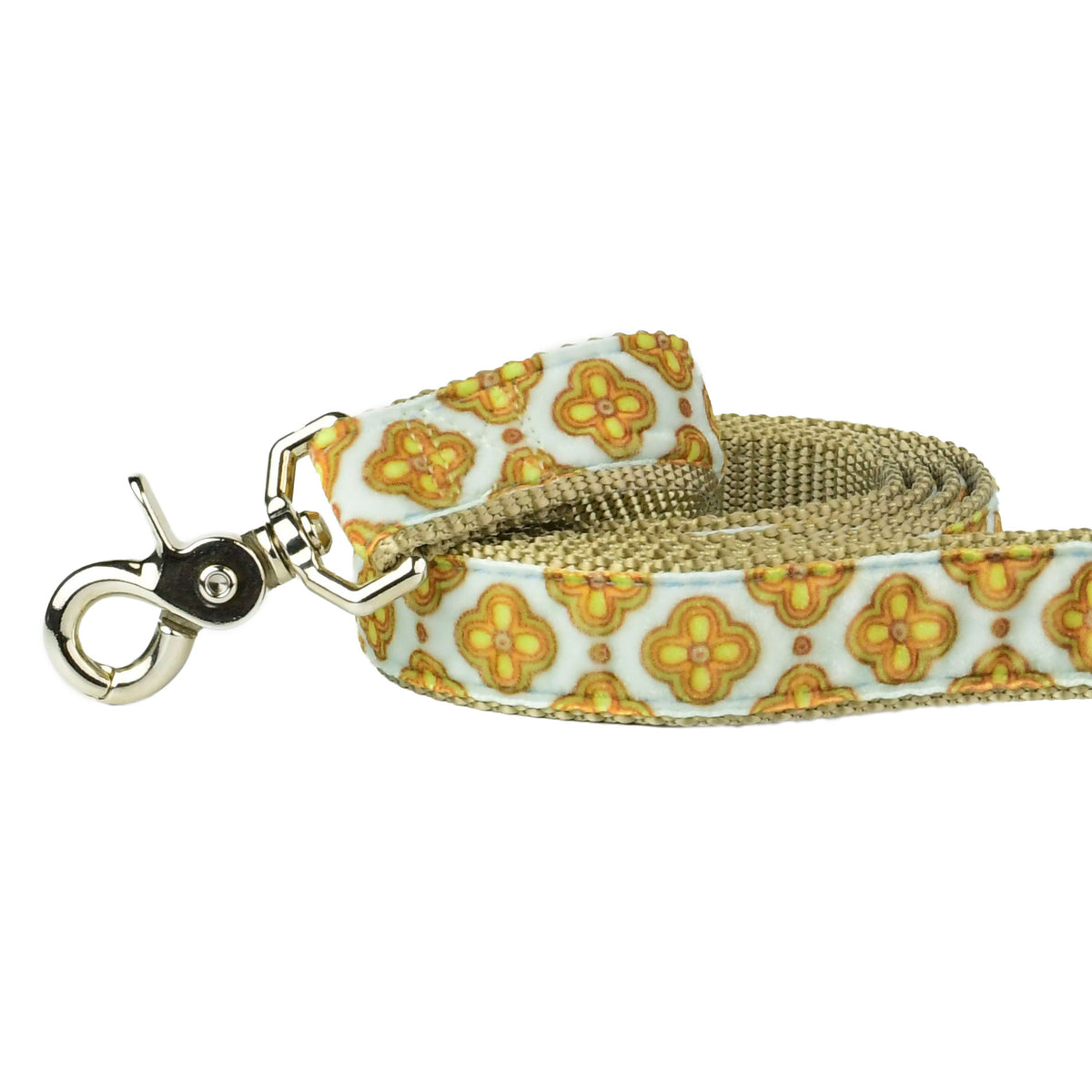Close-up of Light Blue Velvet Tile dog leash with soft velvet texture, subtle tile pattern, and silver clasp