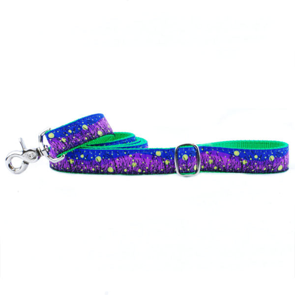2 Hounds Design dog leash with glowing fireflies over a nighttime field – purple and blue leash with green lining