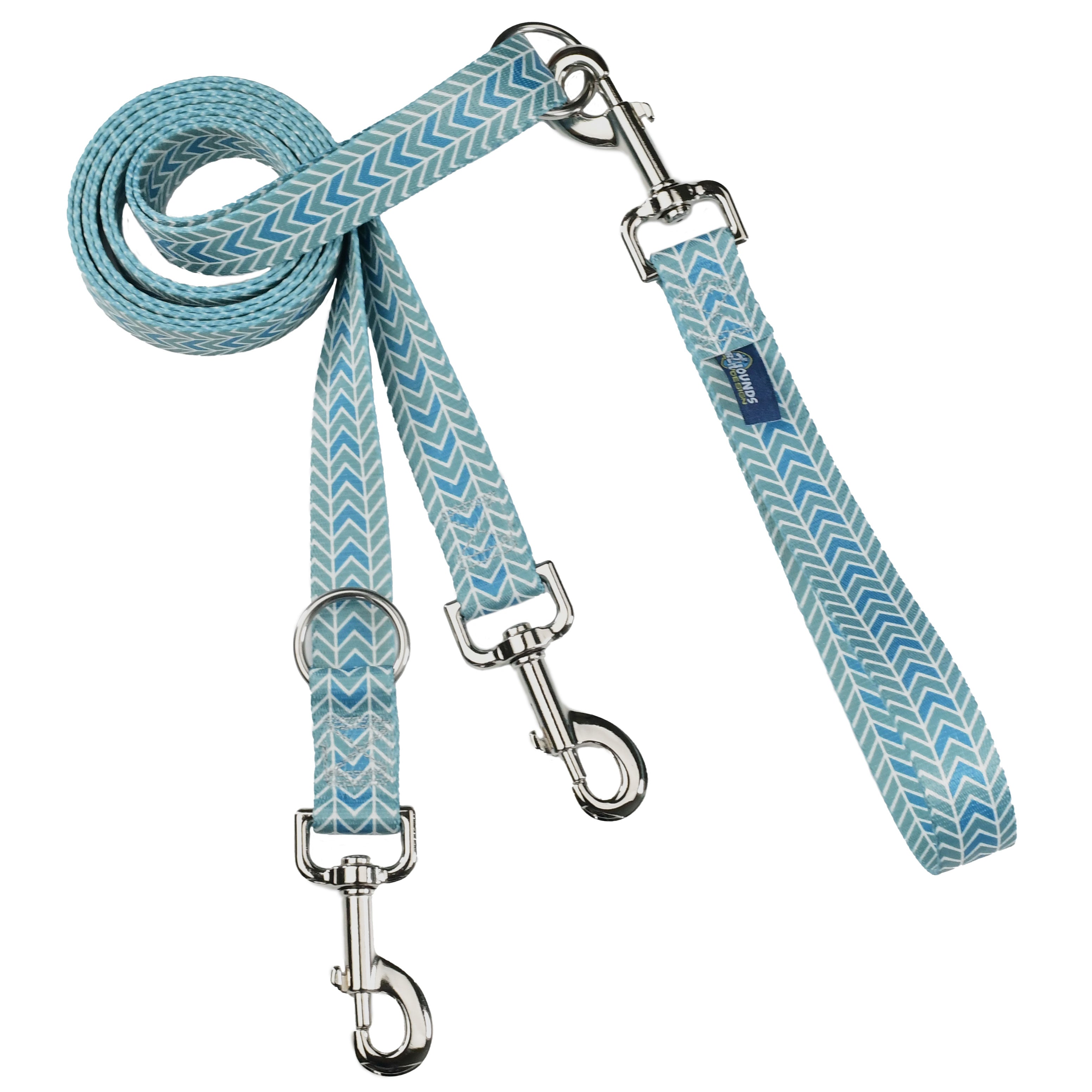 2 Hounds Design blue chevron double connection dog leash euro-style with durable hardware for no-pull harness - Earthstyle