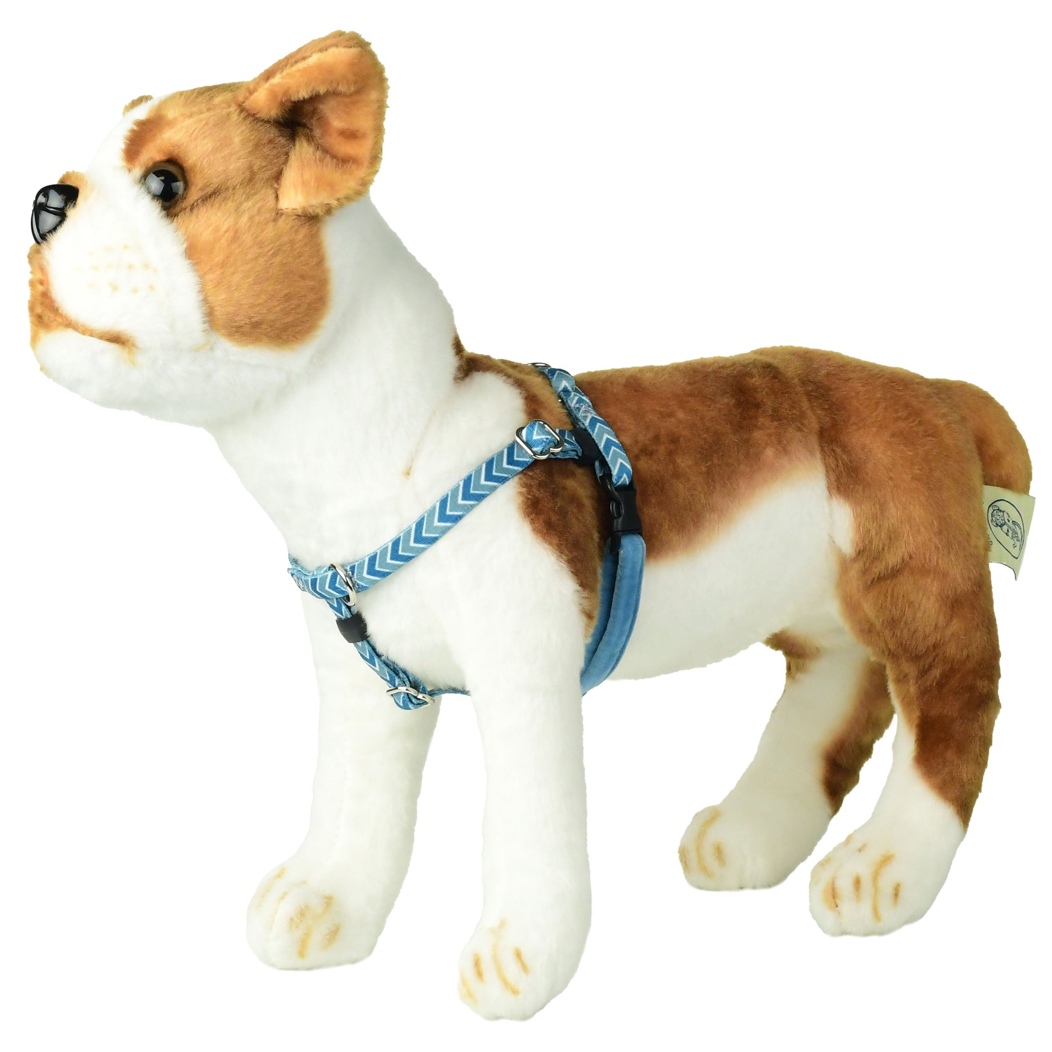 XXSmall blue chevron freedom no-pull dog harness on plush dog mannequin